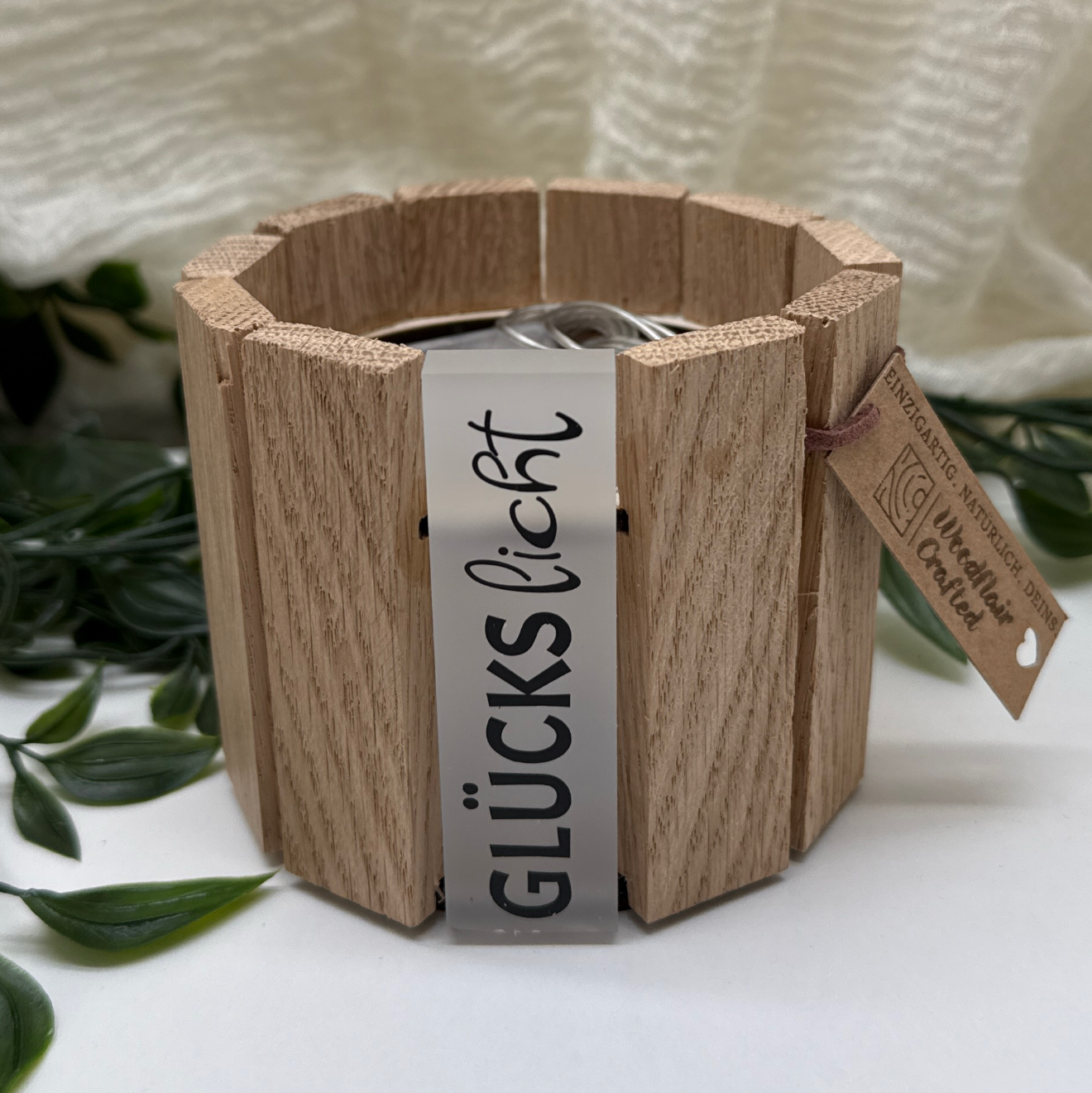 Tischlampe I Dekoleuchte aus Klötzchen | Personalisiertes Windlicht Holz | Tischlaterne aus Eichenholzkloetzchen