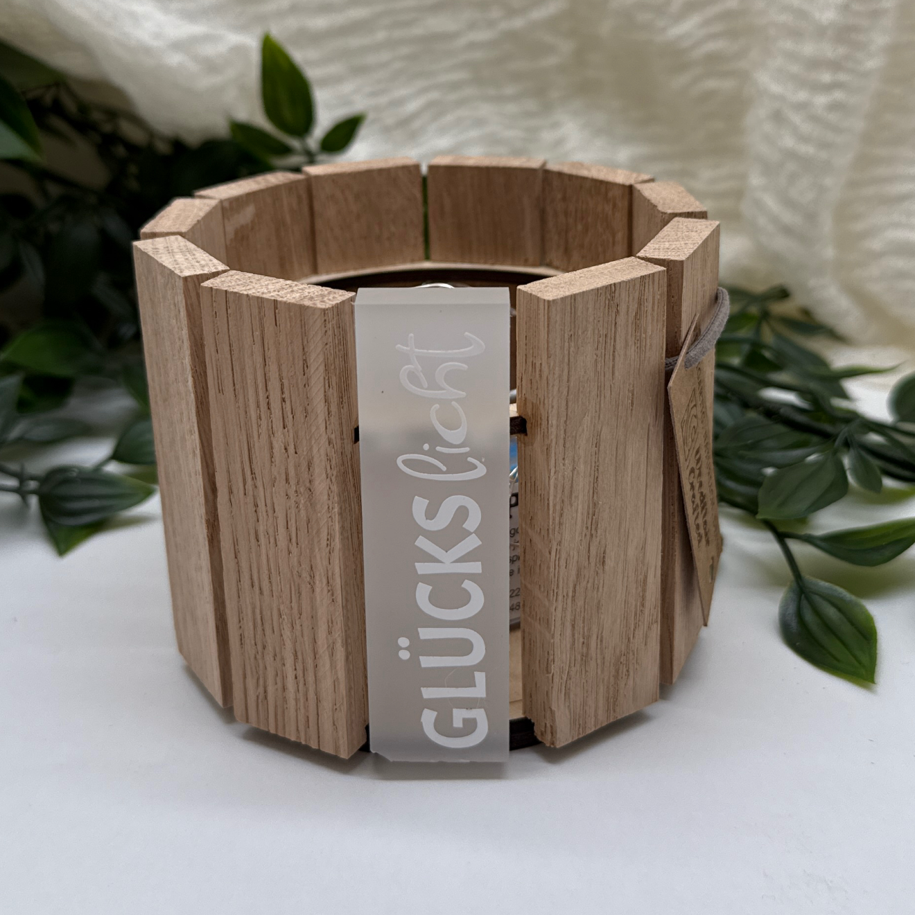 Tischlampe I Dekoleuchte aus Klötzchen | Personalisiertes Windlicht Holz | Tischlaterne aus Eichenholzkloetzchen